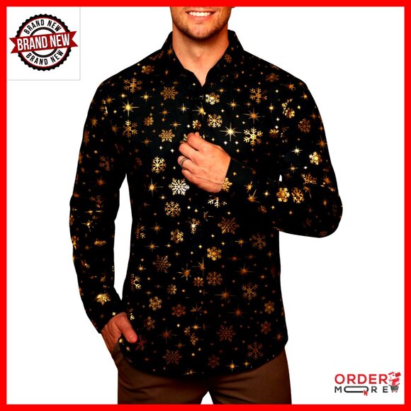 Men's Christmas Snowflake Button Down Shirt Cotton Long Sleeve Dress Shirt